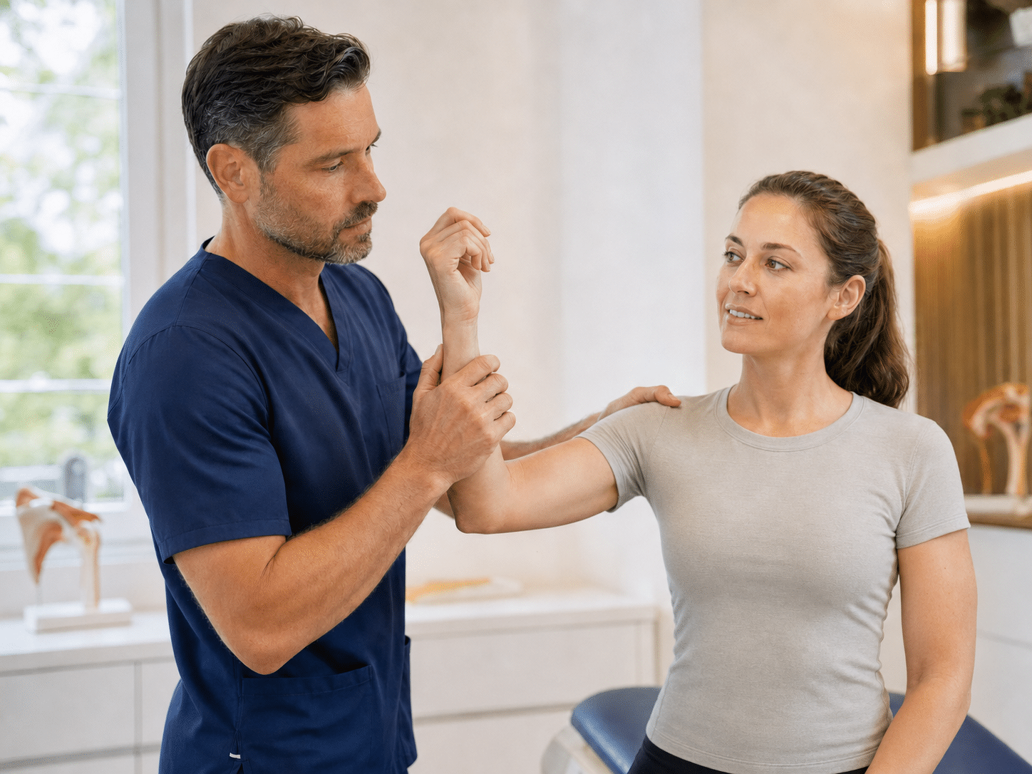 Sports medicine doctor evaluating a patient near Plymouth, MI